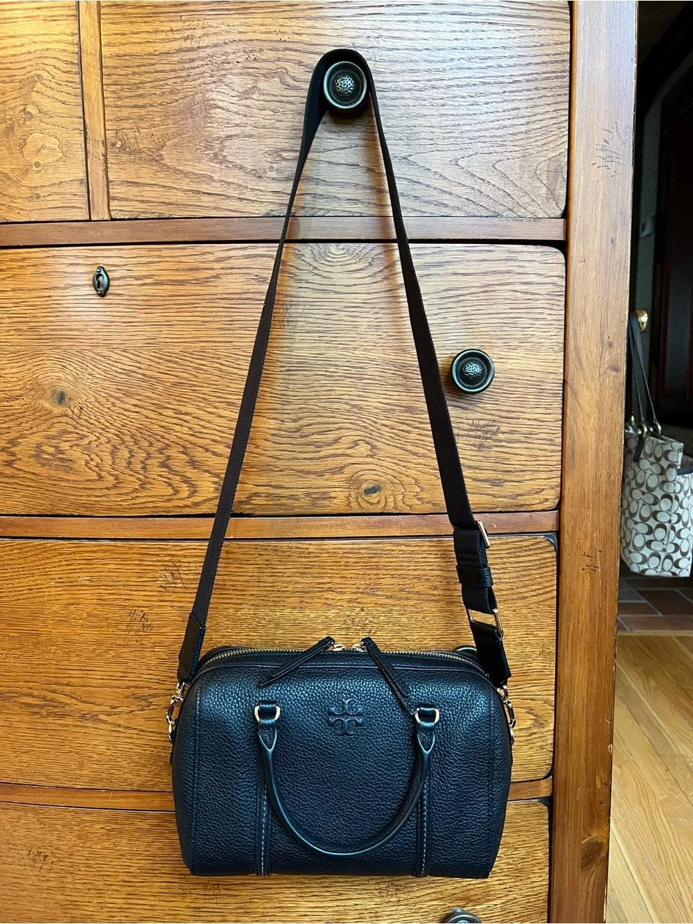 Tory Burch Black Pebbled Leather Satchel Crossbody & Continental Wallet Set