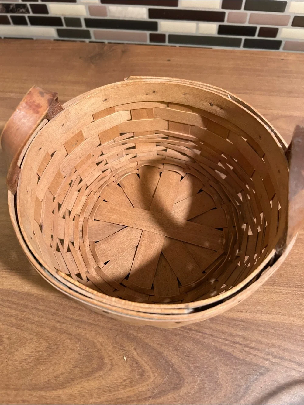 Vintage Round Longaberger Rustic Brown Woven Wood Basket with Handles