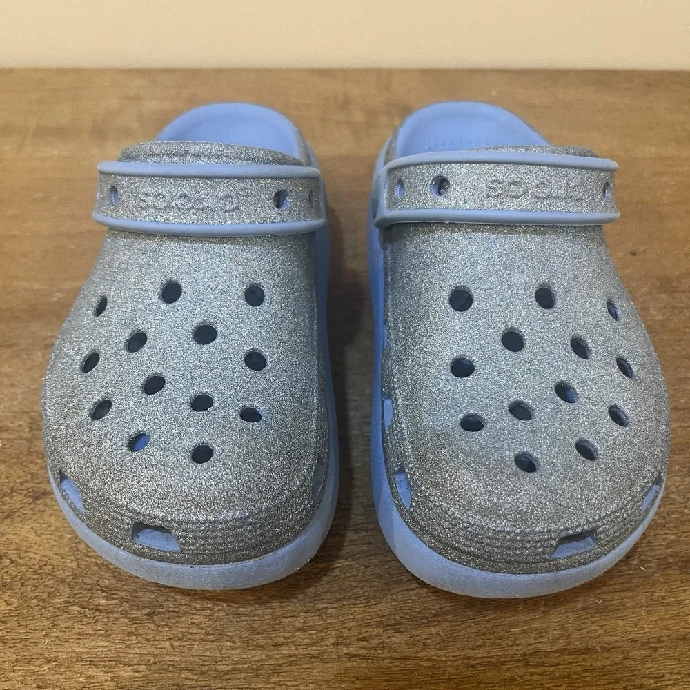 Crocs‎ Kids C13 Platform Clogs Blue Glitter Classic Comfort Strap Slip On Shoes