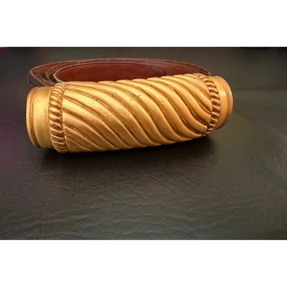 Vicenza Genuine Alligator Belt Women Black Gold Tone Vintage Ribbed Buckle 37.5