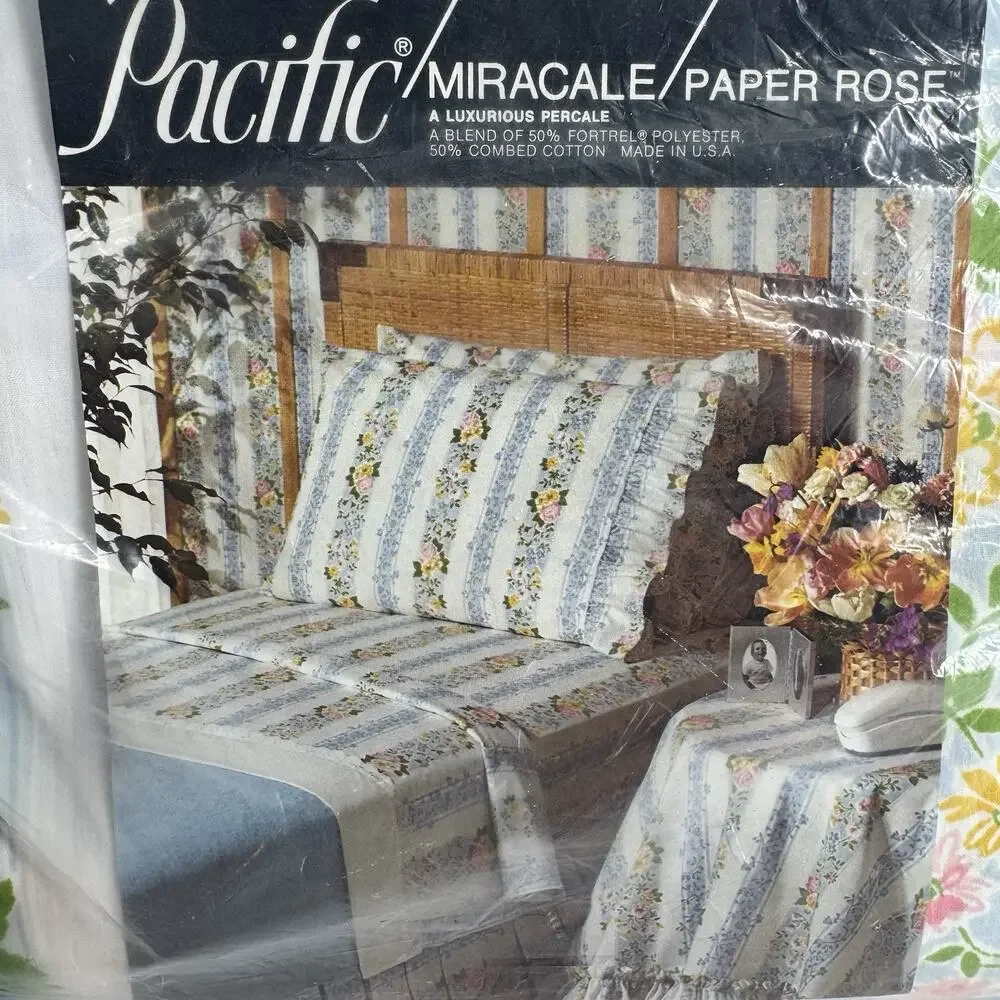 Pacific Miracale Double Fitted Sheet Paper Rose Floral BRAND NEW Vtg Linen NOS