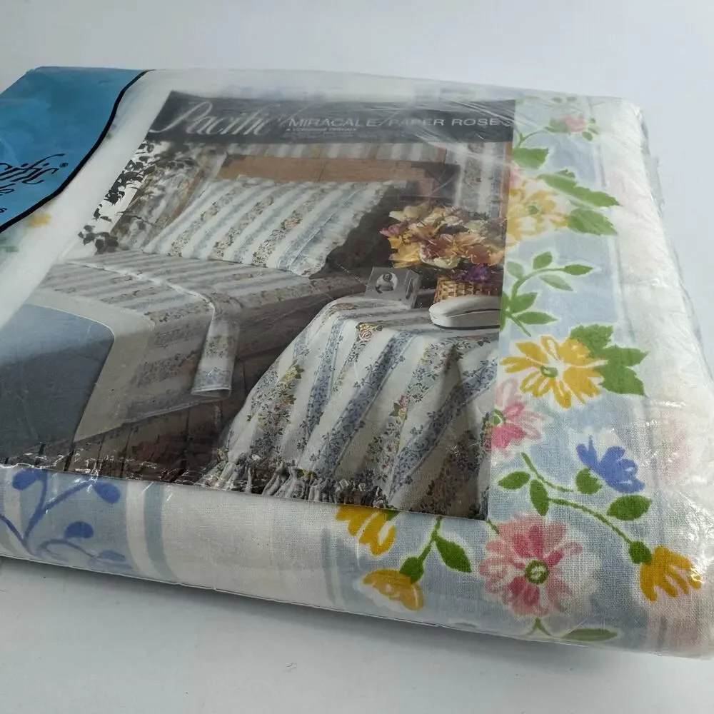 Pacific Miracale Double Fitted Sheet Paper Rose Floral BRAND NEW Vtg Linen NOS