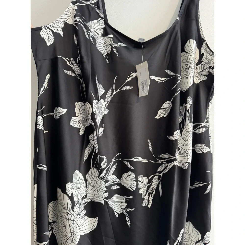 A New Day Sleeveless Black Floral Satin Maxi Slip Dress 2X 2XL‎ Side Slit Luxury