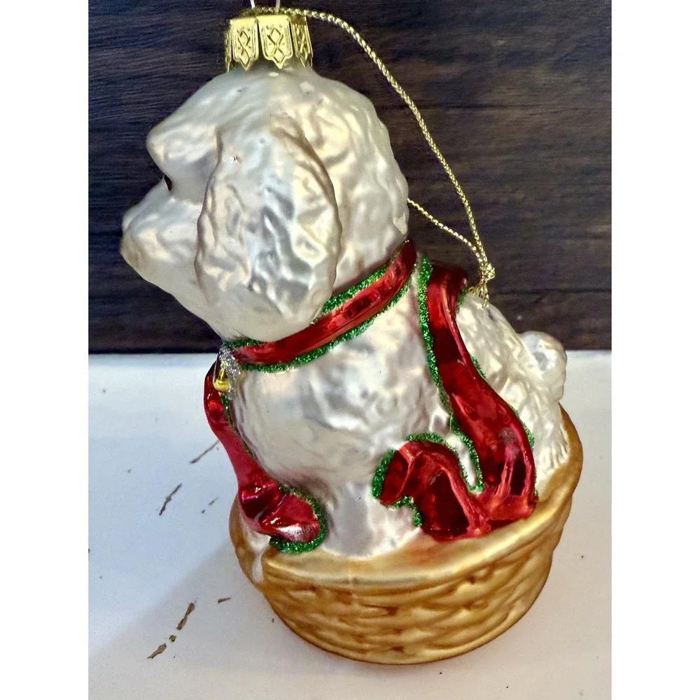AMC Blown Glass Ornament Maltese Bichon Cockapoo White Puppy w Ribbon Basket IOB