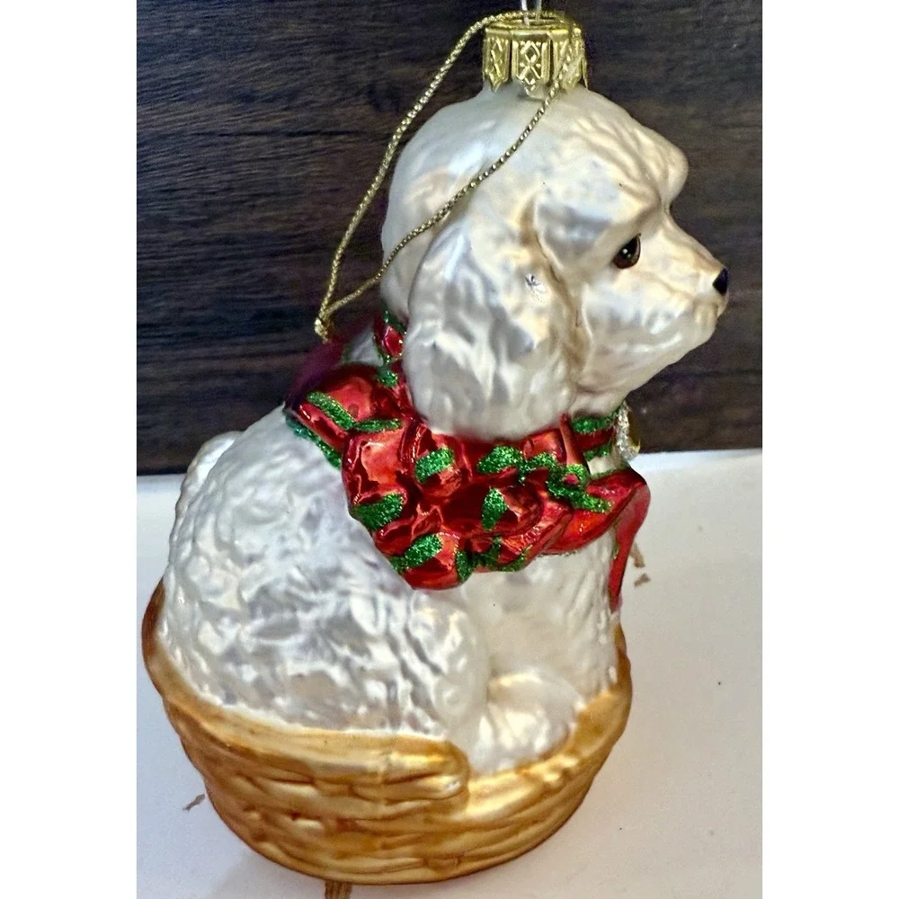 AMC Blown Glass Ornament Maltese Bichon Cockapoo White Puppy w Ribbon Basket IOB
