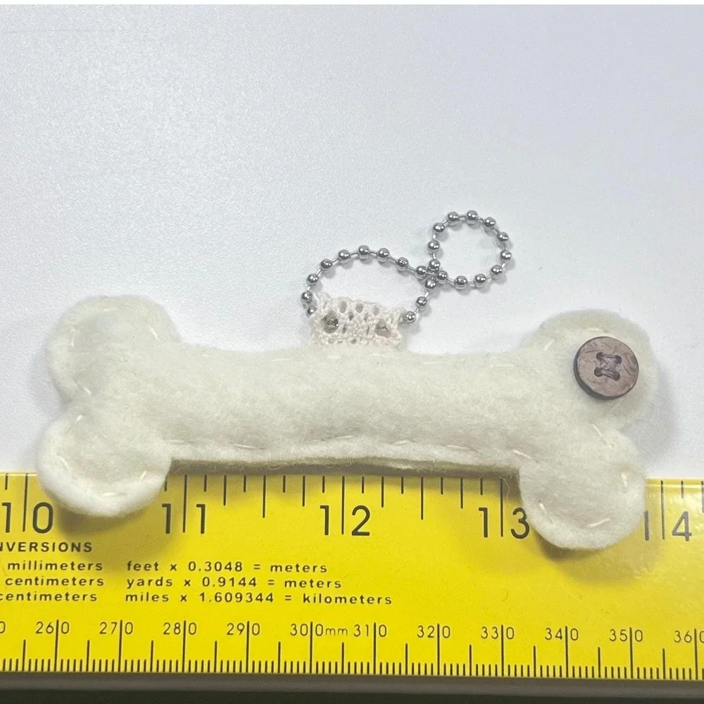 Handmade Felt Dog Bone Keychain Cream Stitched Bag Charm Fob with Wood Button