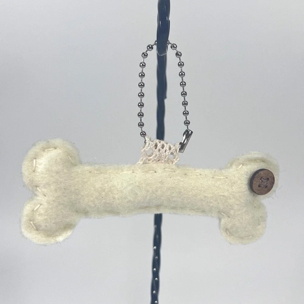 Handmade Felt Dog Bone Keychain Cream Stitched Bag Charm Fob with Wood Button