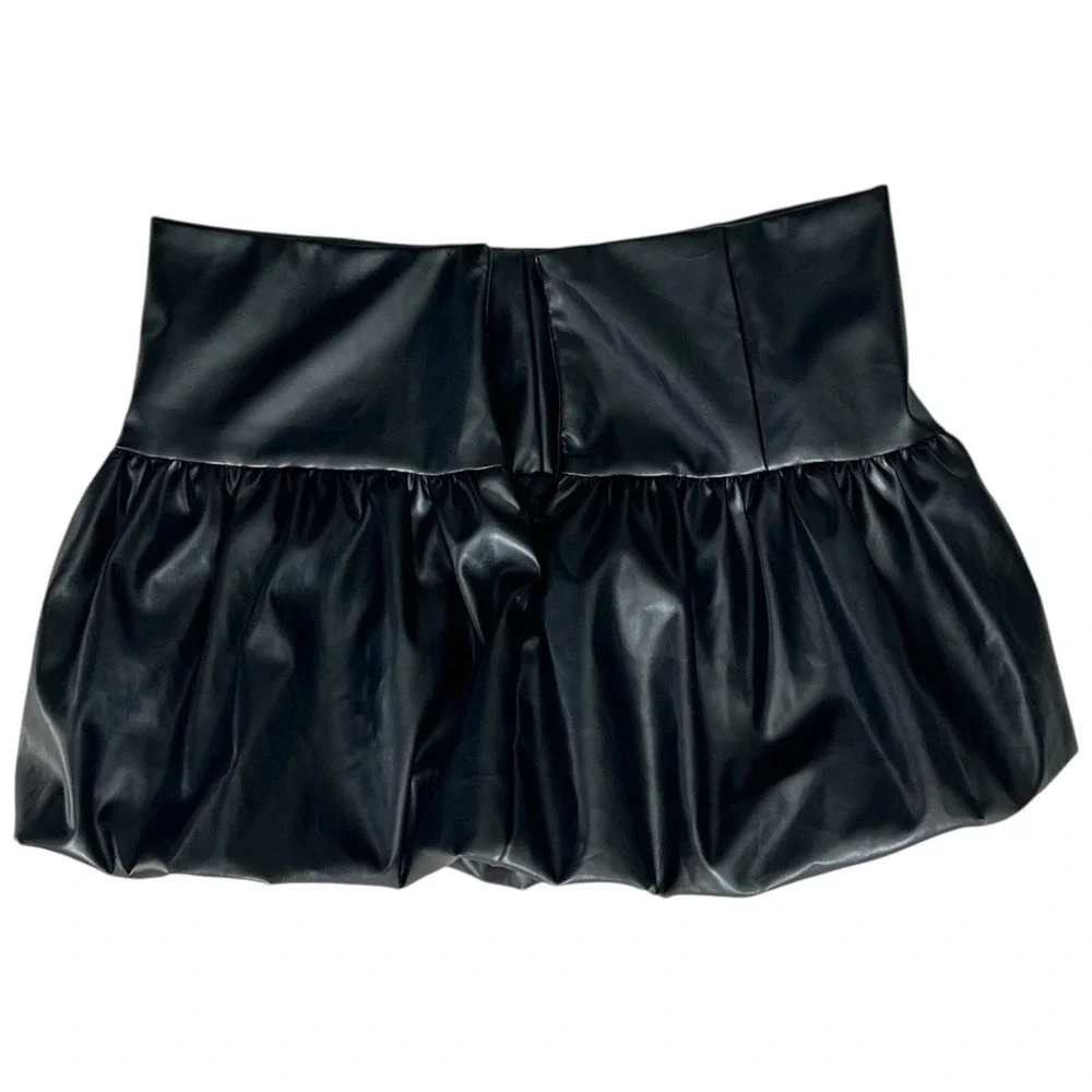 LELIS Faux Leather Bubble Mini Skirt‎ Black High Waist Clubwear Y2K Size L