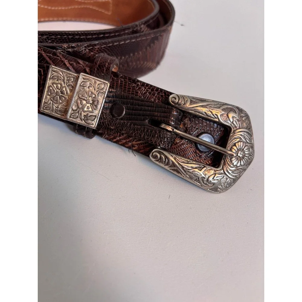 Justin Belt Women 34 Brown Good Genuine Lizard Western Floral‎ Engraved Buckle