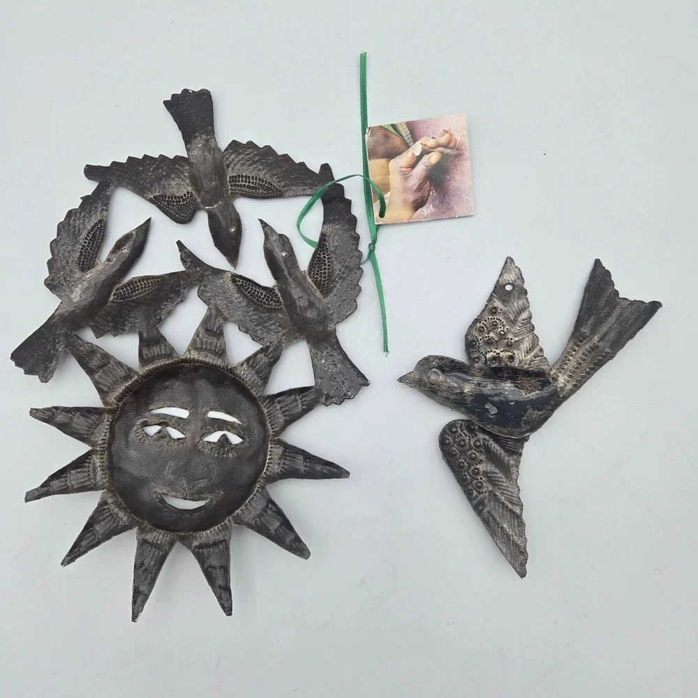 Haitian Metal‎ Wall Folk Art Sun Birds Recycled Oil Drum Set of 2 Garden Patio