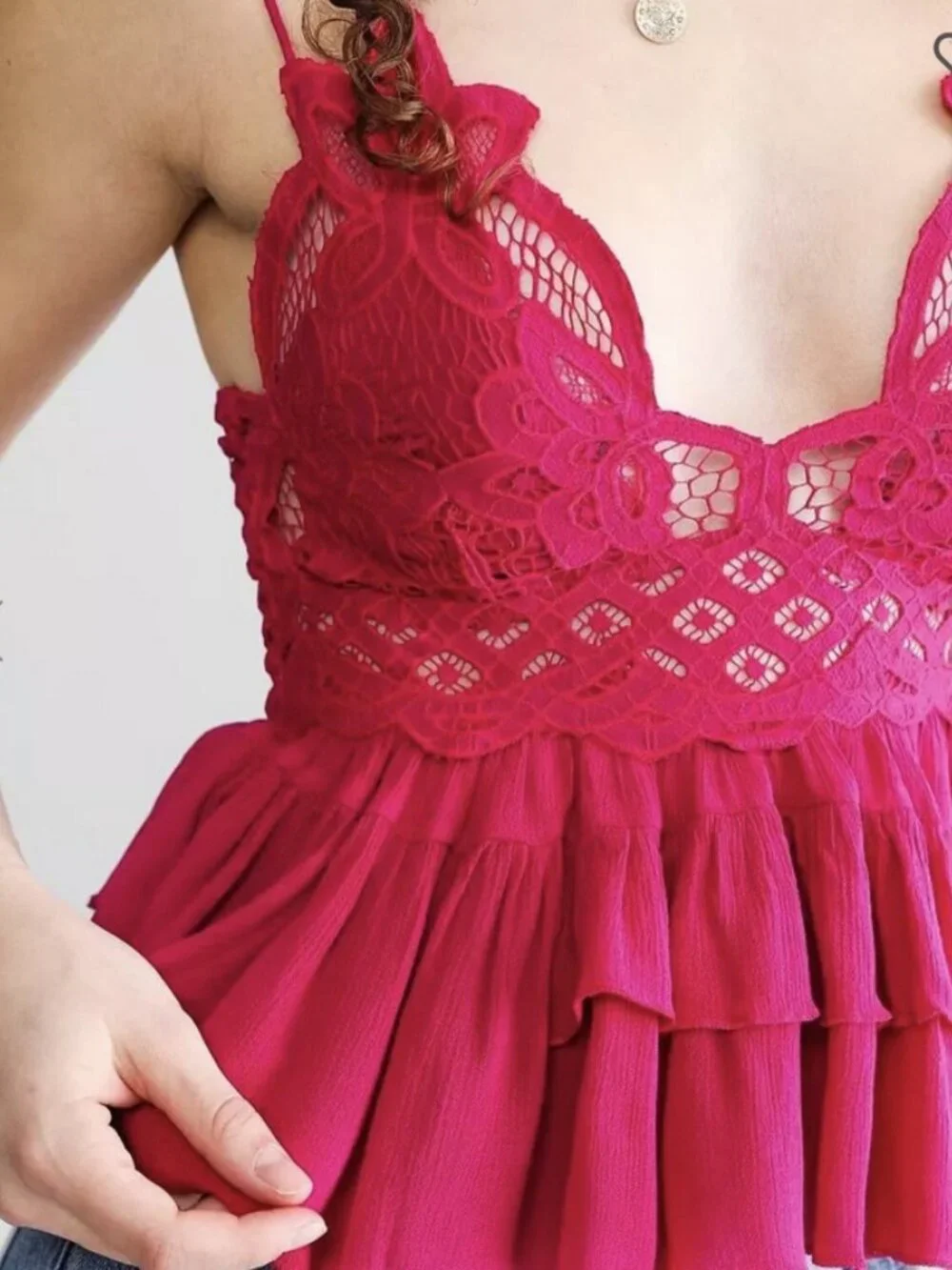 Free People Adella Cami Pink Lace Ruffled Tank Top Rose Hypnotic
