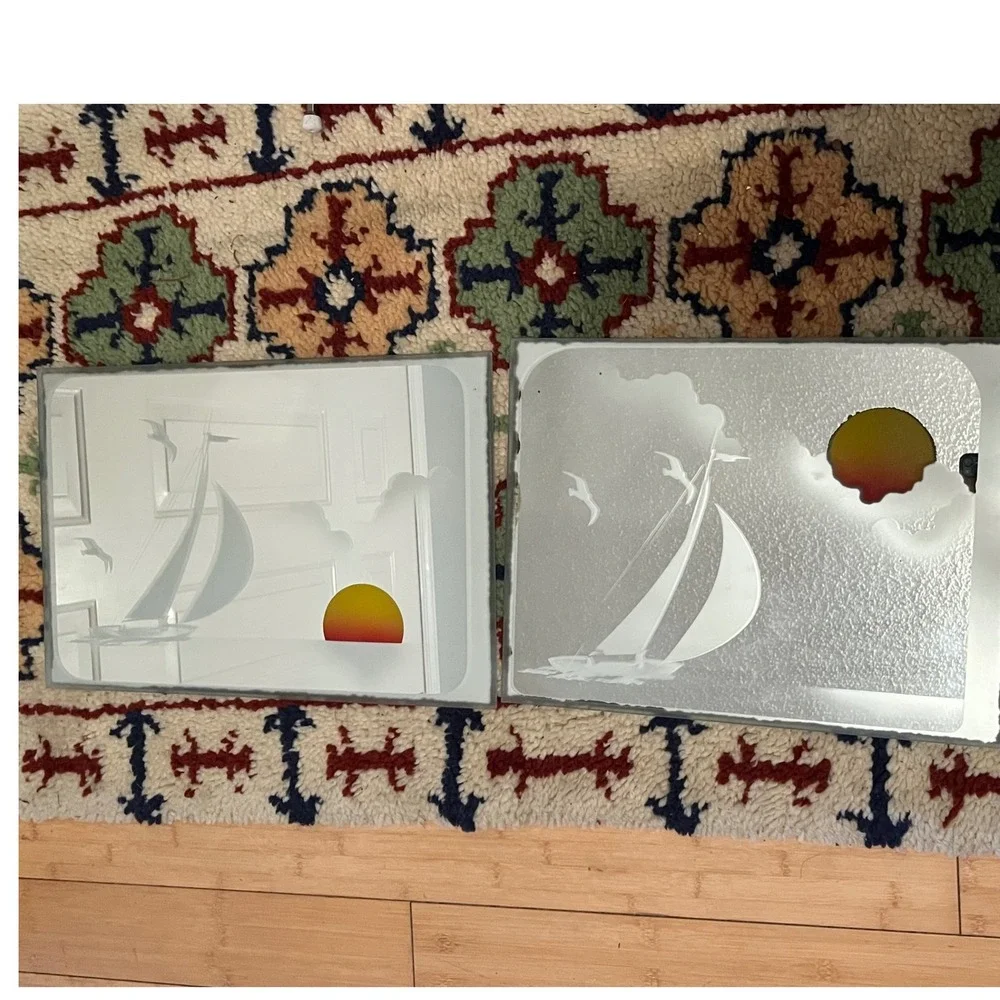 Vintage 1970s MCM Sailboats Sun Mirror Picture Wall‎ Art set of 2