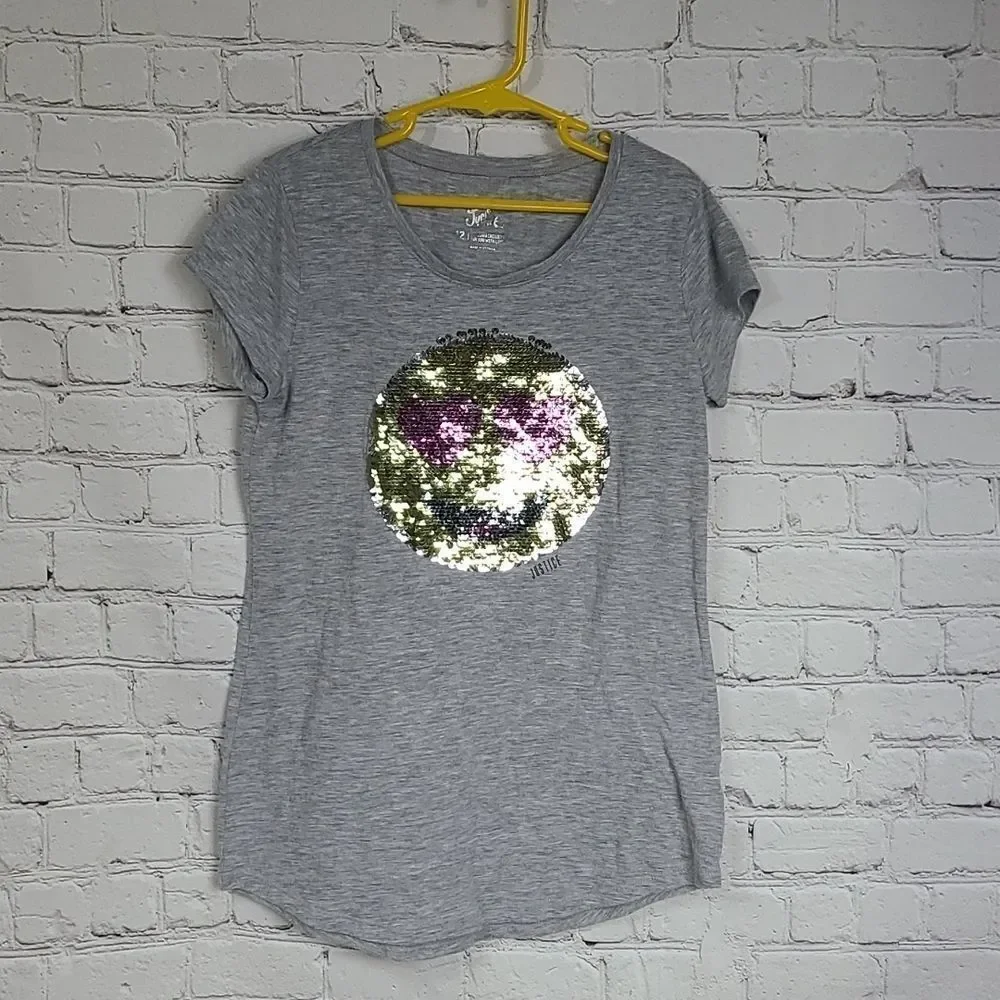Justice Girls 12 Gray Reverse Sequin Winking Smiley Tee Short Sleeve T-Shirt