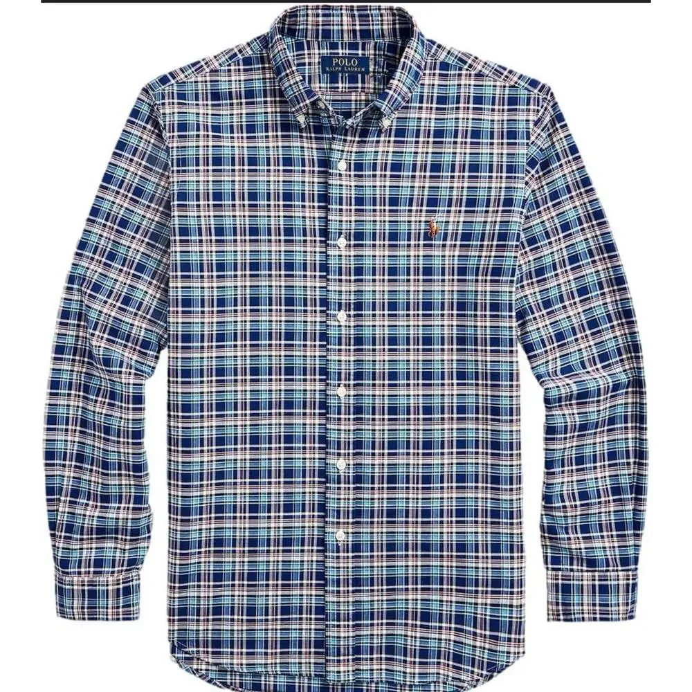 Polo‎ Ralph Lauren Men's Classic Fit Plaid Oxford Size Medium Preppy Blue Plaid