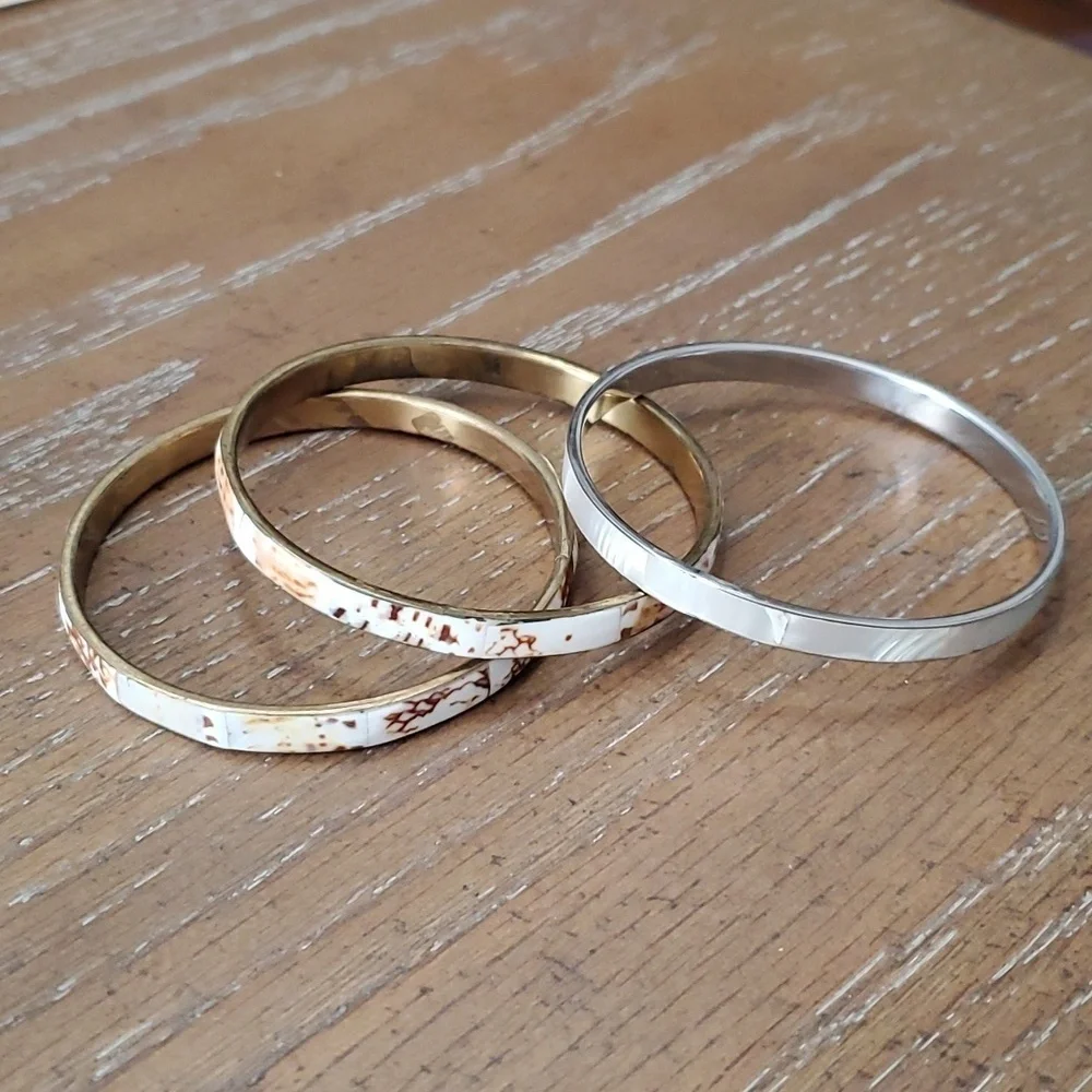 3 Shell Vintage inlaid bangle bracelets 2 brass inside 1 silver tone