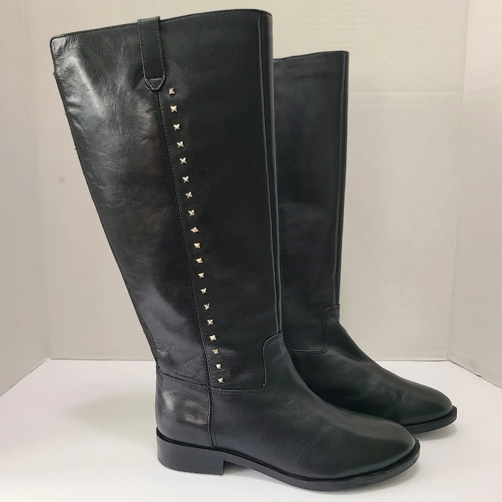 Marc Fisher Secrit Black‎ Studded Leather Knee-High Boots Wide Calf 7.5