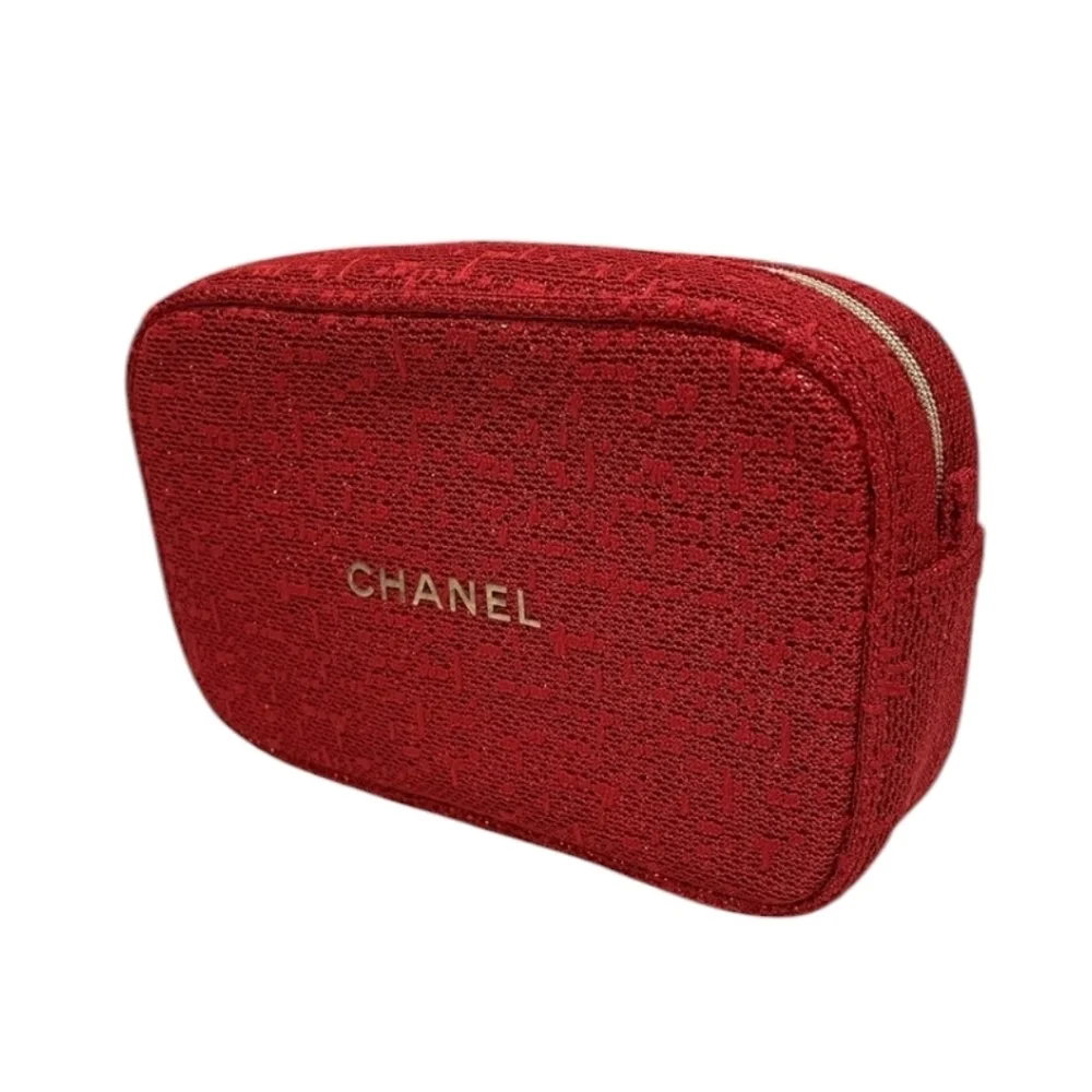 CHANEL Red Tweed Textured Pouch with Gold Accents