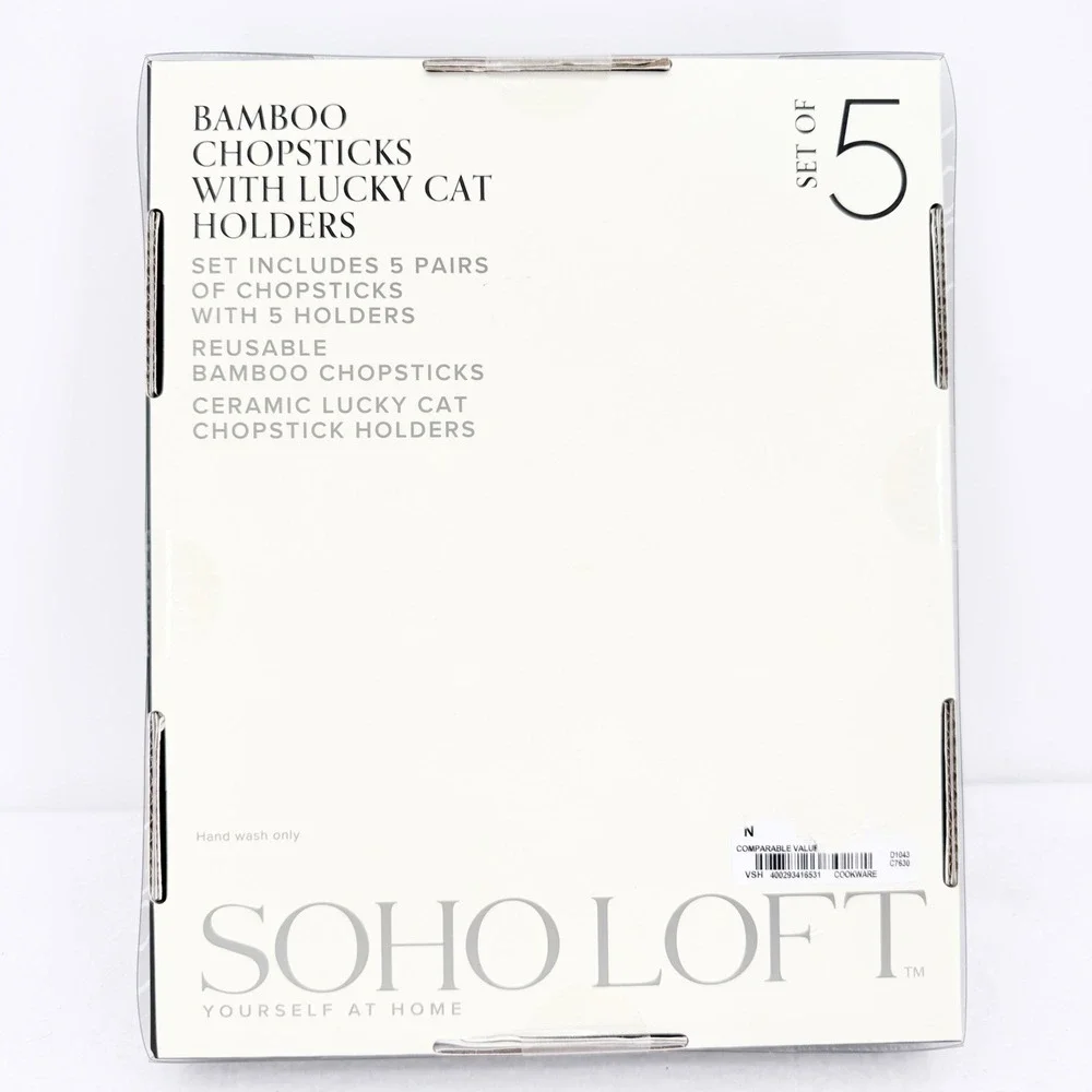 Soho Loft Bamboo Set 5 Pairs Chopsticks & 5 Ceramic Lucky Kittens Cat Holder NEW