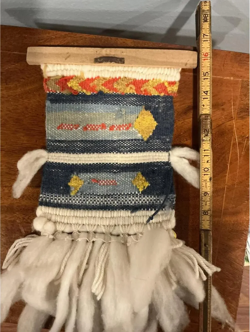 Handwoven Wool Wall Hanging Boho Tapestry with Raw Fleece Fringe Diamond Pattern