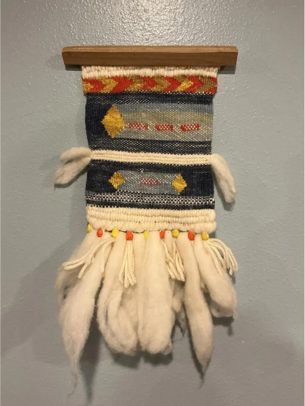 Handwoven Wool Wall Hanging Boho Tapestry with Raw Fleece Fringe Diamond Pattern