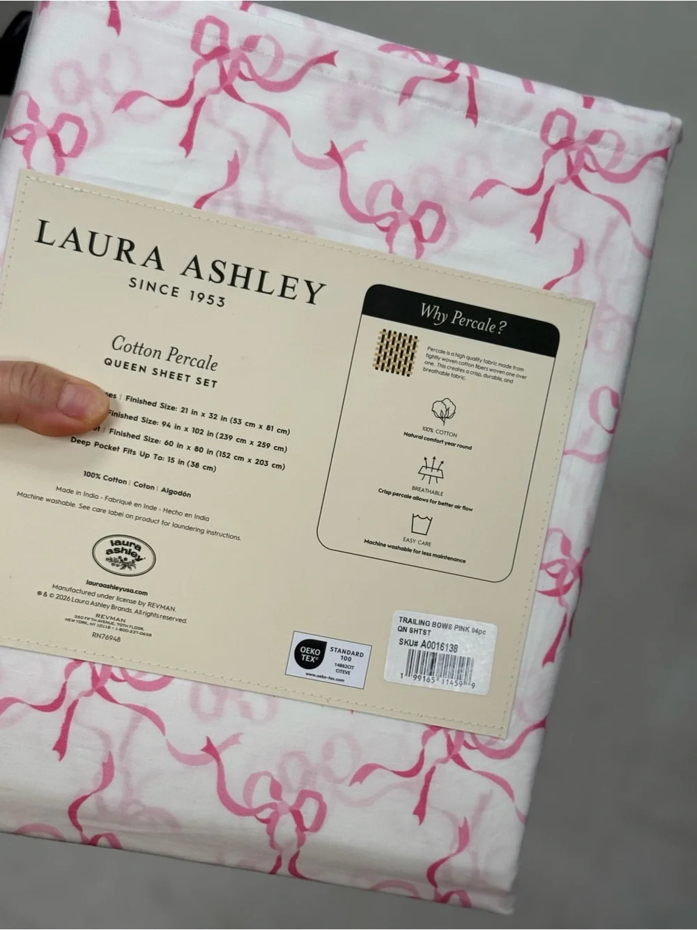 Laura Ashley Pink Ribbon Cotton Percale Queen Sheet Set