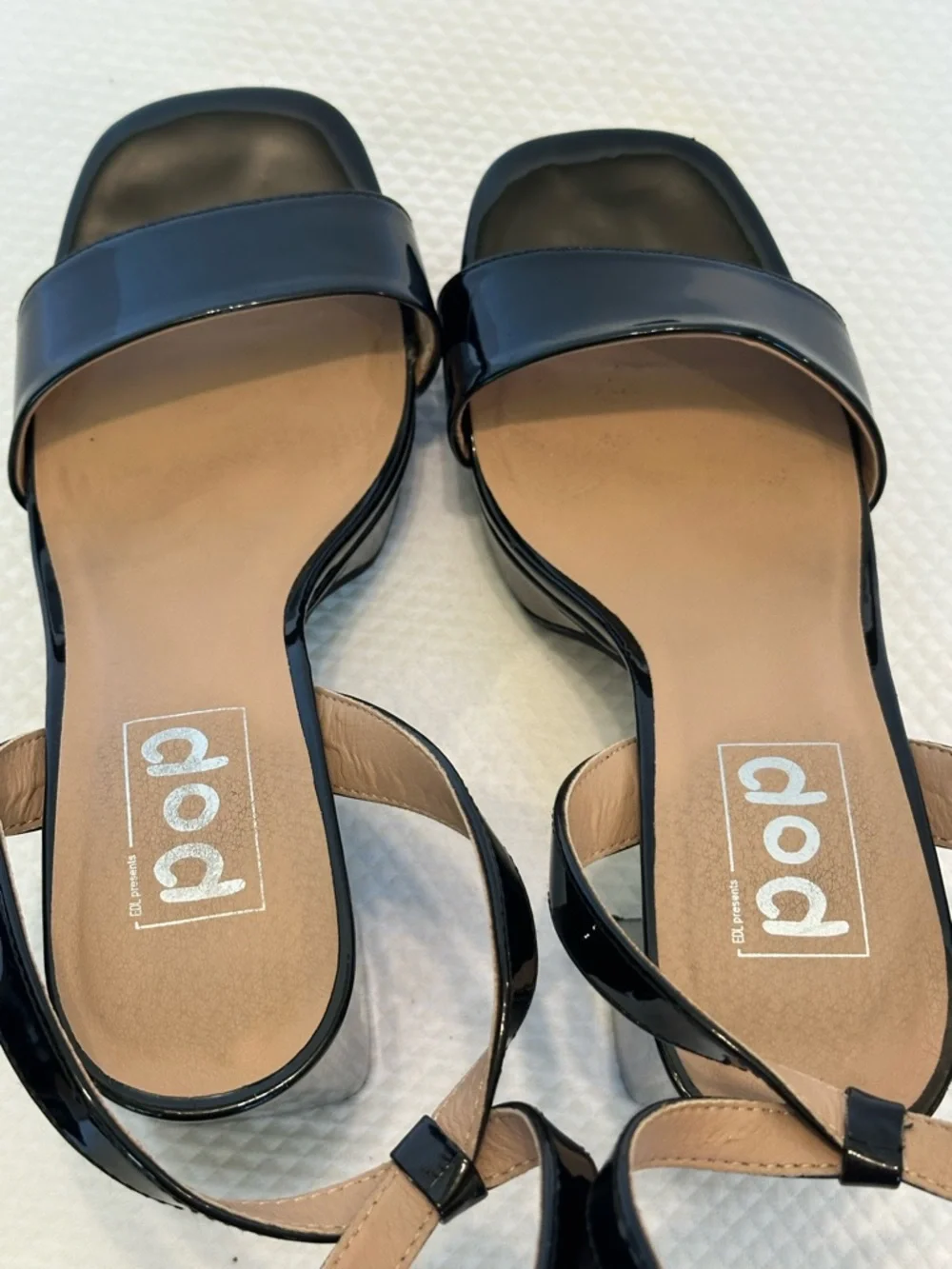 POP Black Patent Platform Block Heel Sandals with Wrap Ankle Strap Grad Party