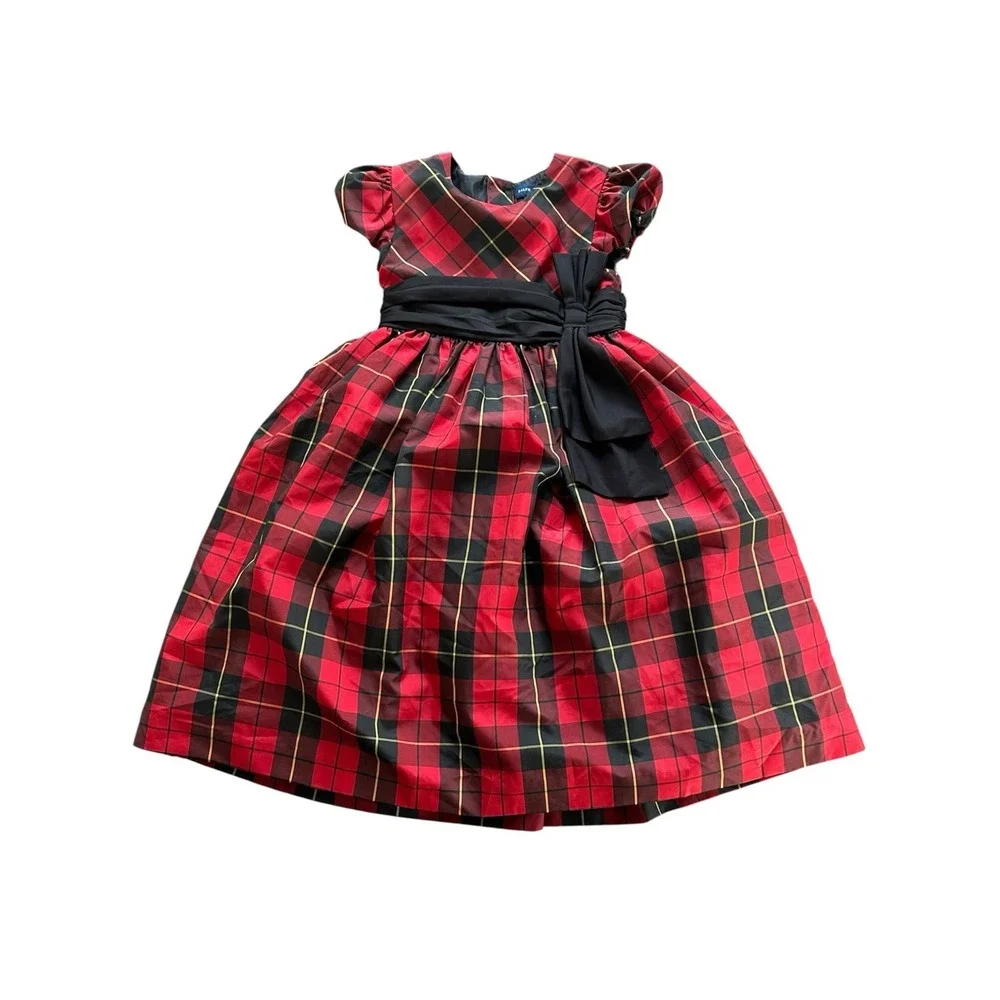 Ralph Lauren Girls Red Black Plaid Party Dress Size 6 Puff Sleeve Bow