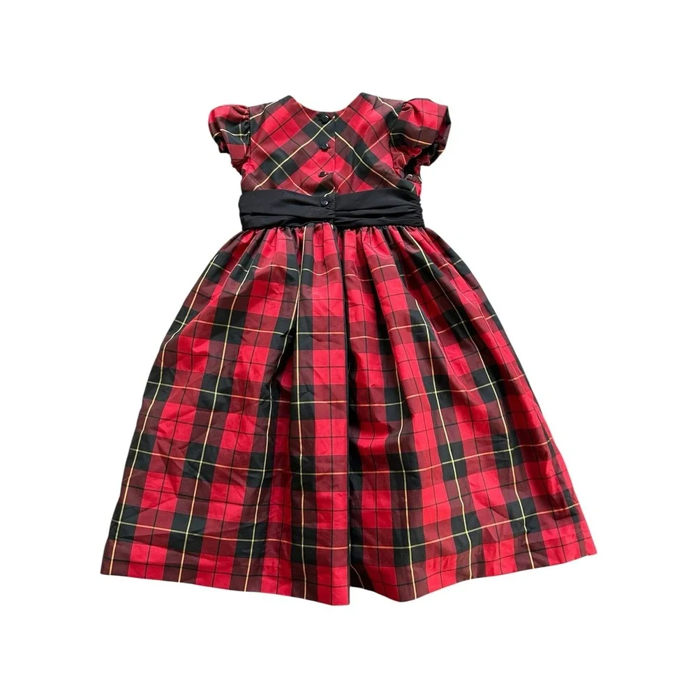 Ralph Lauren Girls Red Black Plaid Party Dress Size 6 Puff Sleeve Bow