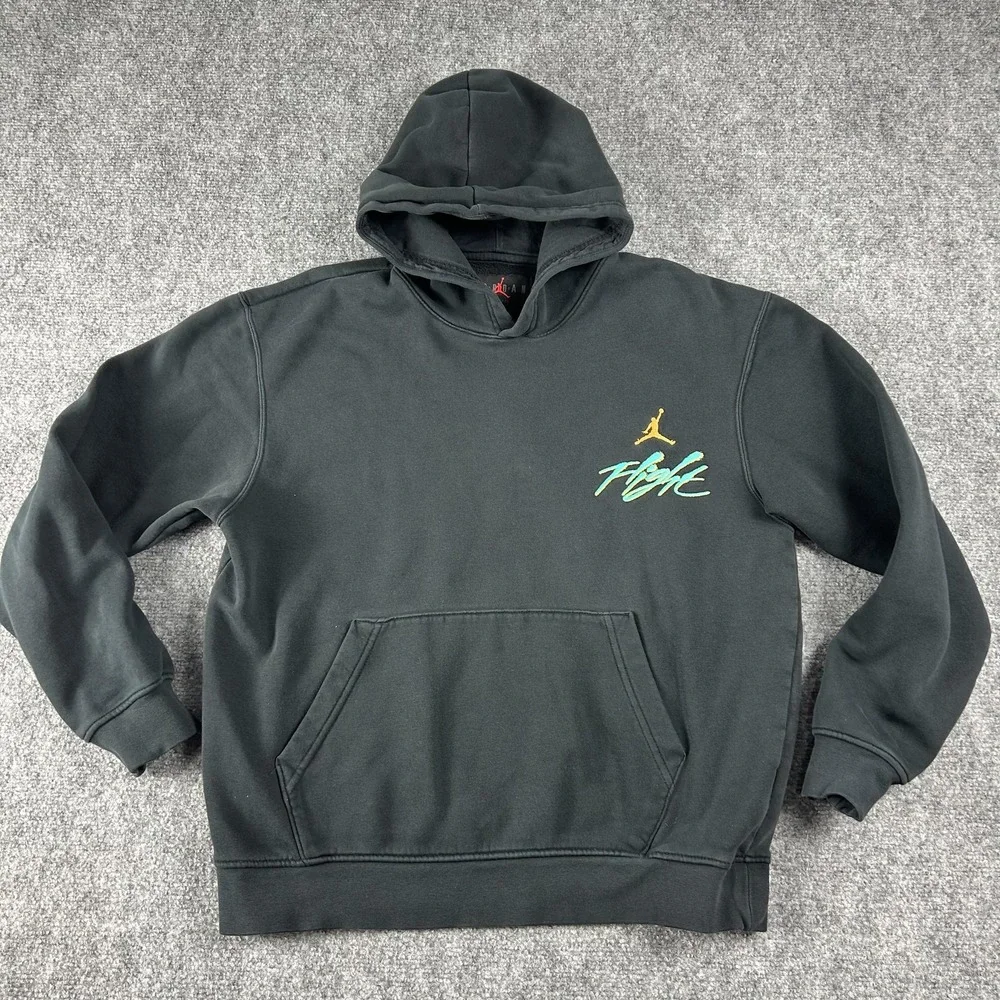 Jordan Flight Hoodie Mens Medium Black Teal Script Logo‎ Pullover Sweatshirt