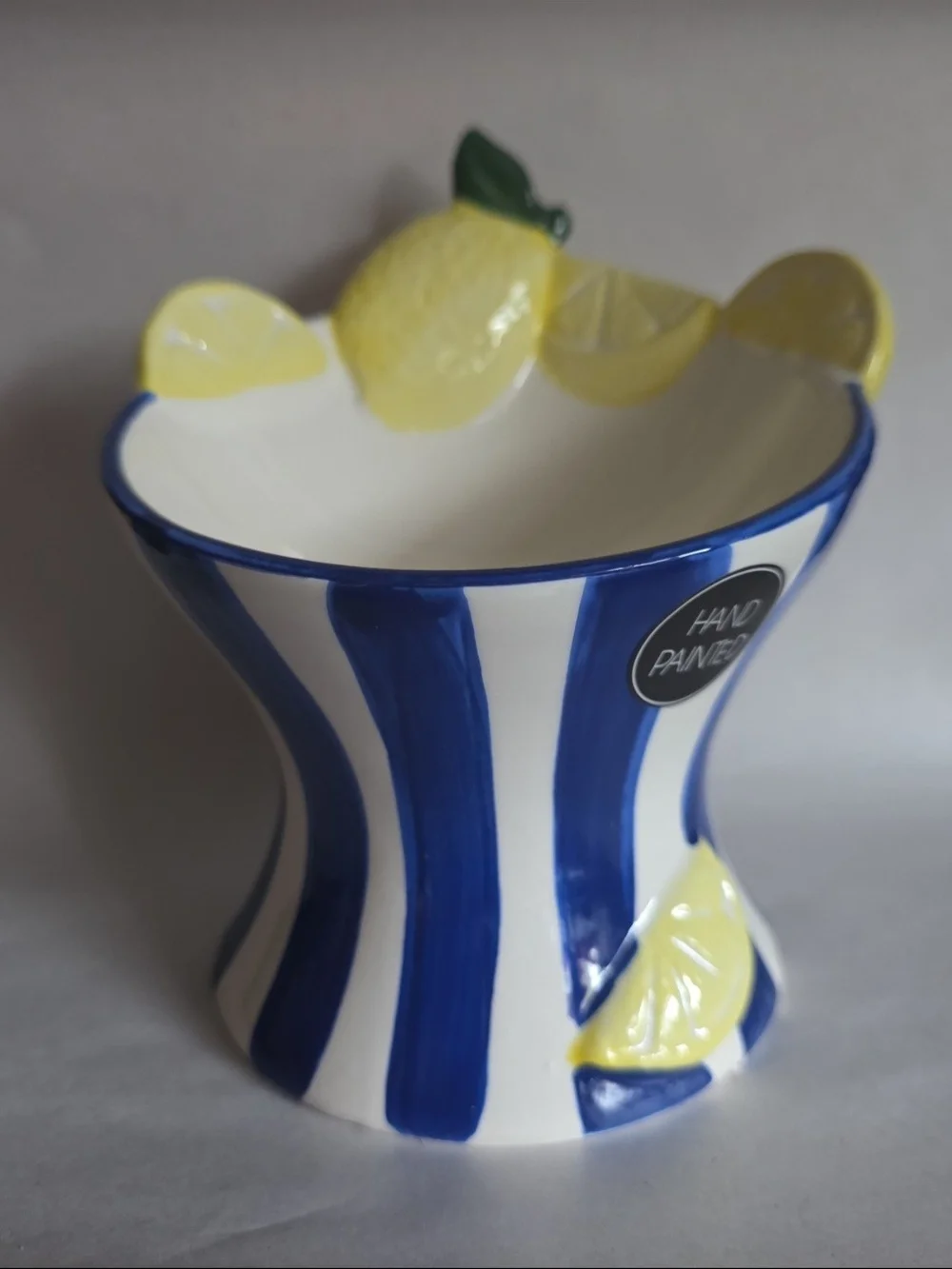 Hand-Painted Blue & White Striped Lemon Ceramic Vase
