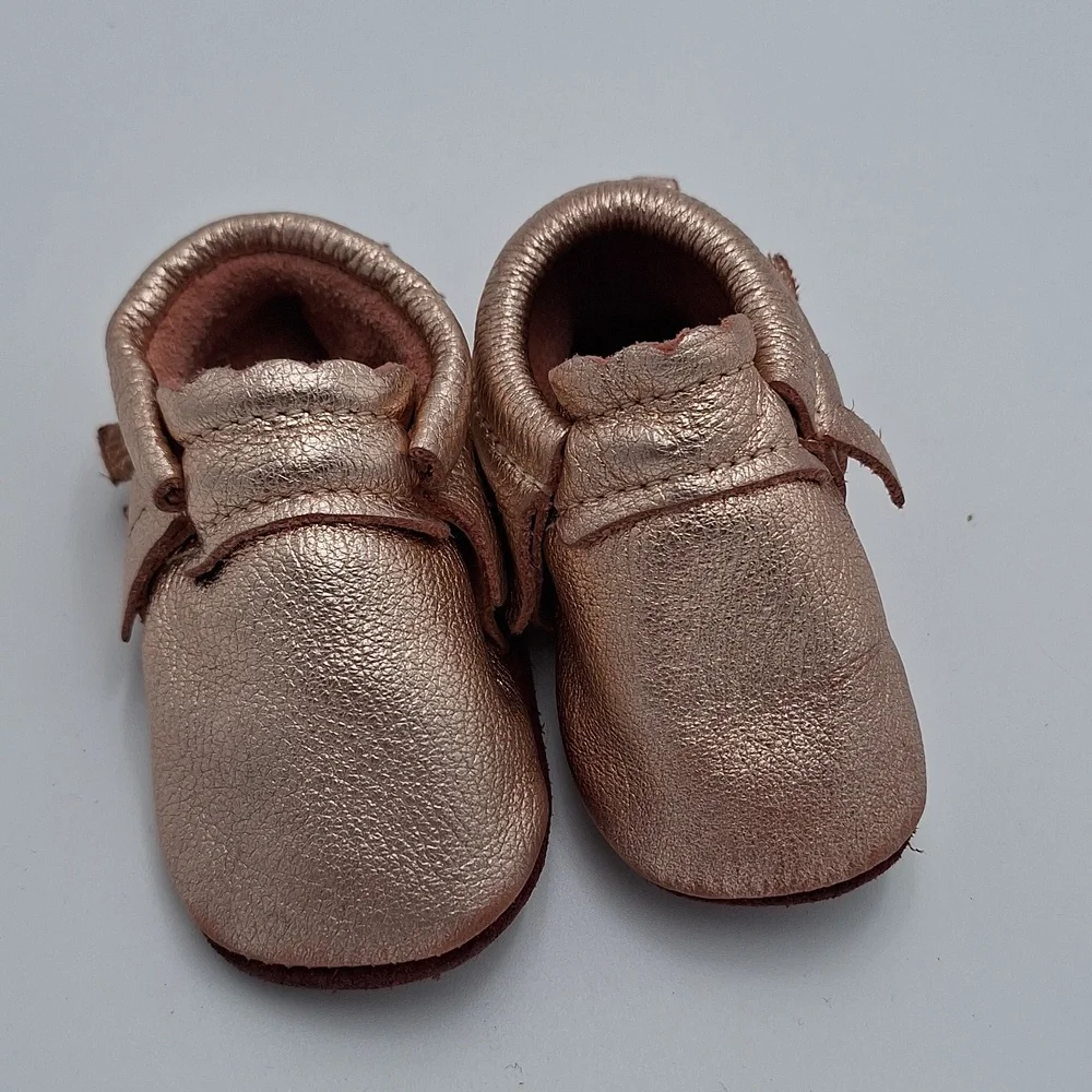 Mishmoccs Leather Soft Soled Moccasins Baby Rose Gold Metallic Baby