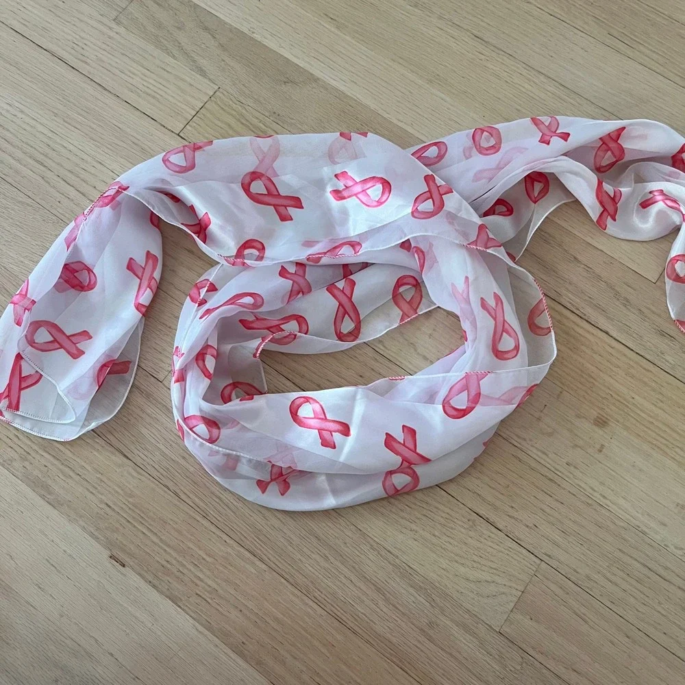 Pink‎ Ribbon Breast Cancer Awareness Scarf Sheer Striped Silk Feel Oblong White