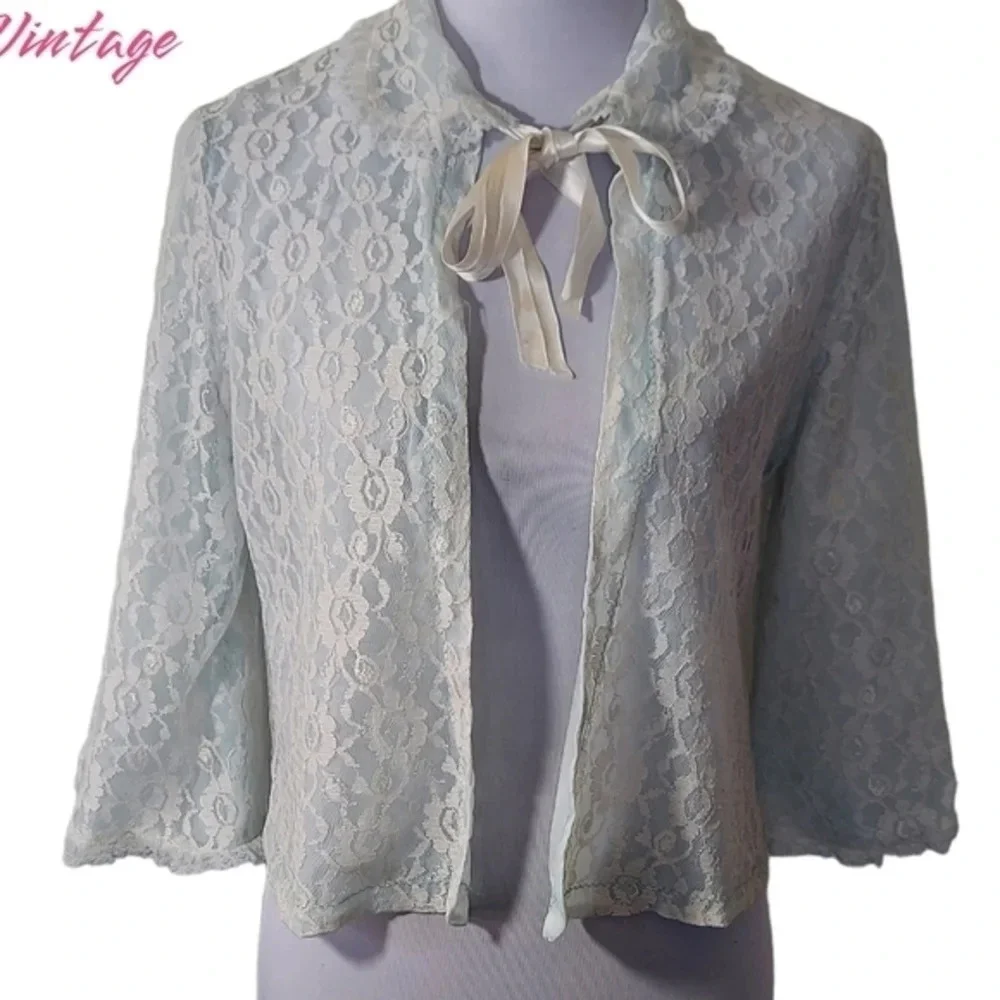 Baby Blue Lace‎ Open Front Bed Jacket white ribbon ties