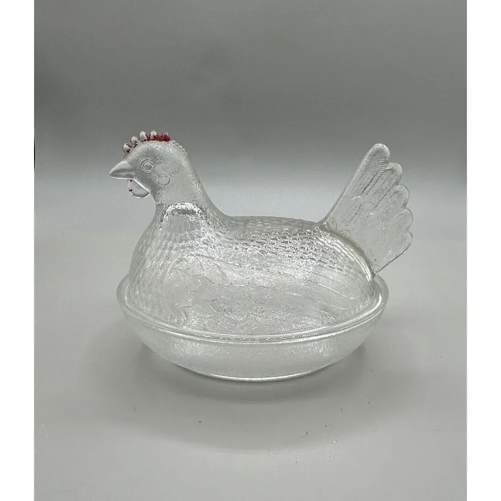 Hen On Nest‎ Indiana Glass Clear Red Comb Chicken  Covered Candy Dish Vintage