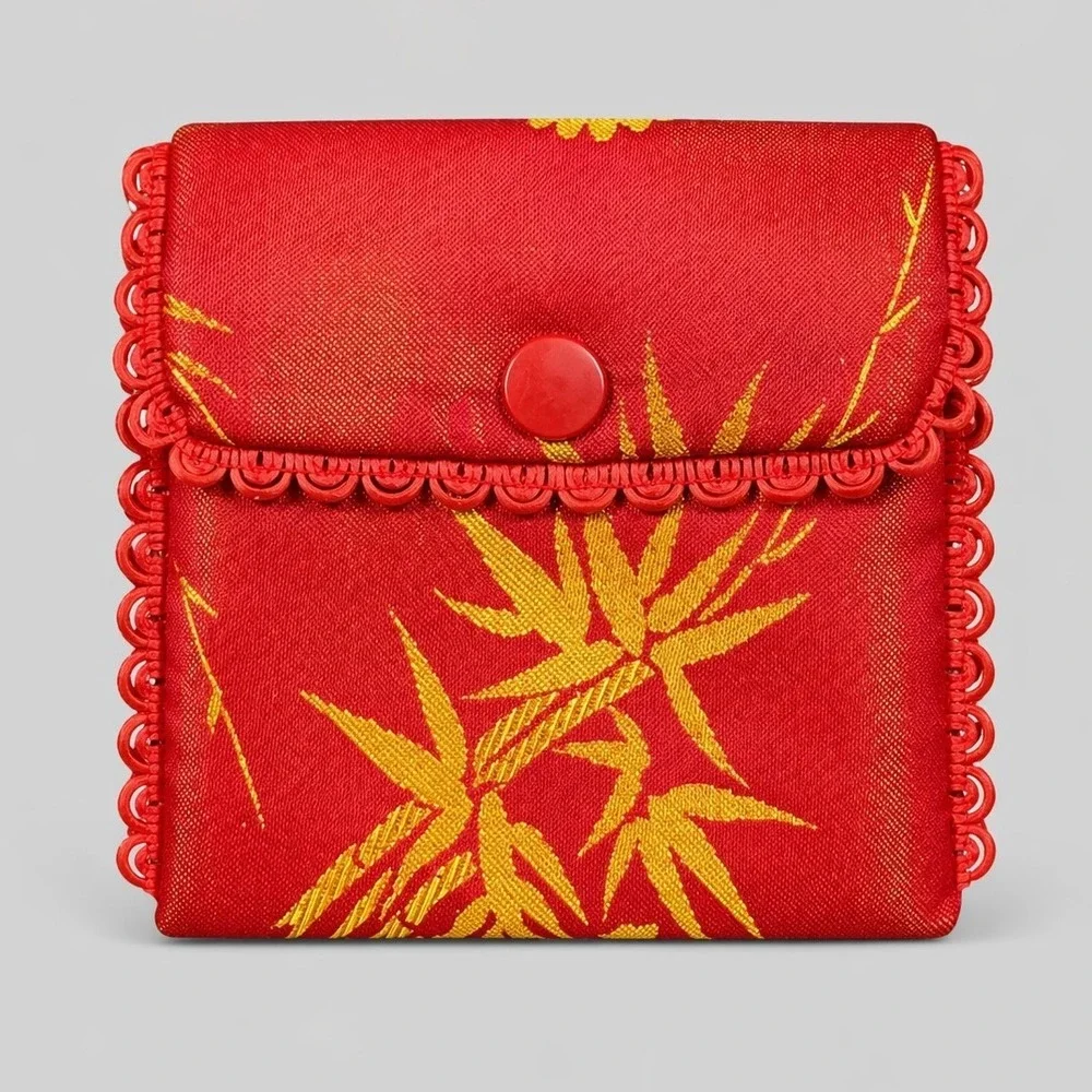 Vintage Red Gold Chinese Brocade Jewelry Pouch‎ Bamboo Snap Coin Purse Small Bag