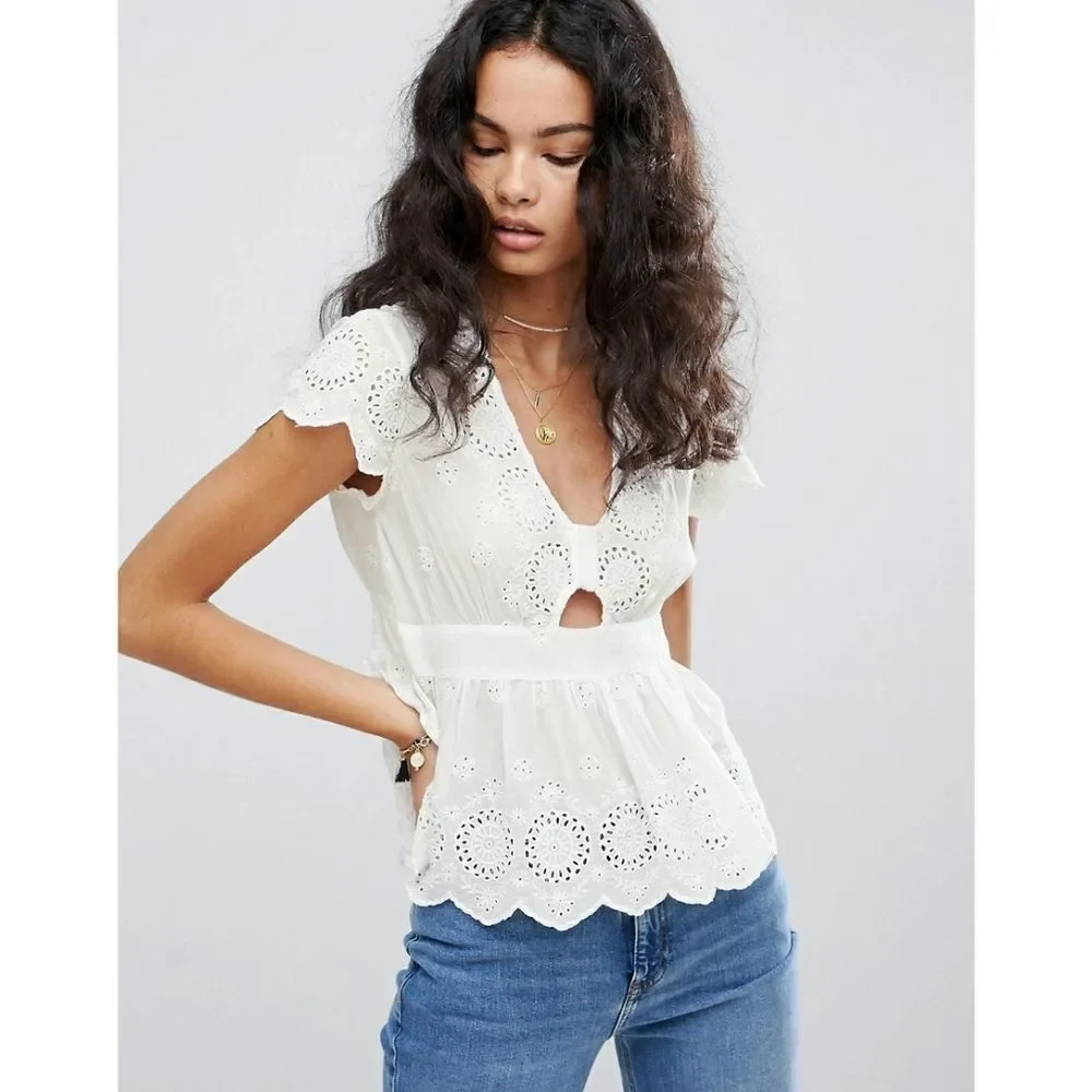 New! FREE PEOPLE Truly Your Eyelet Cutout Peplum Top Blouse Size Small Ivory
