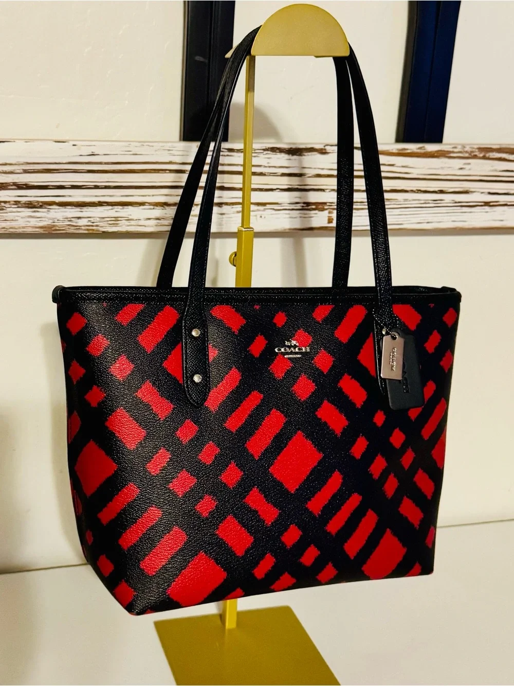 Coach F22246 City Zip Tote Bag Wild Red Plaid/Black 12x8x4” EUC