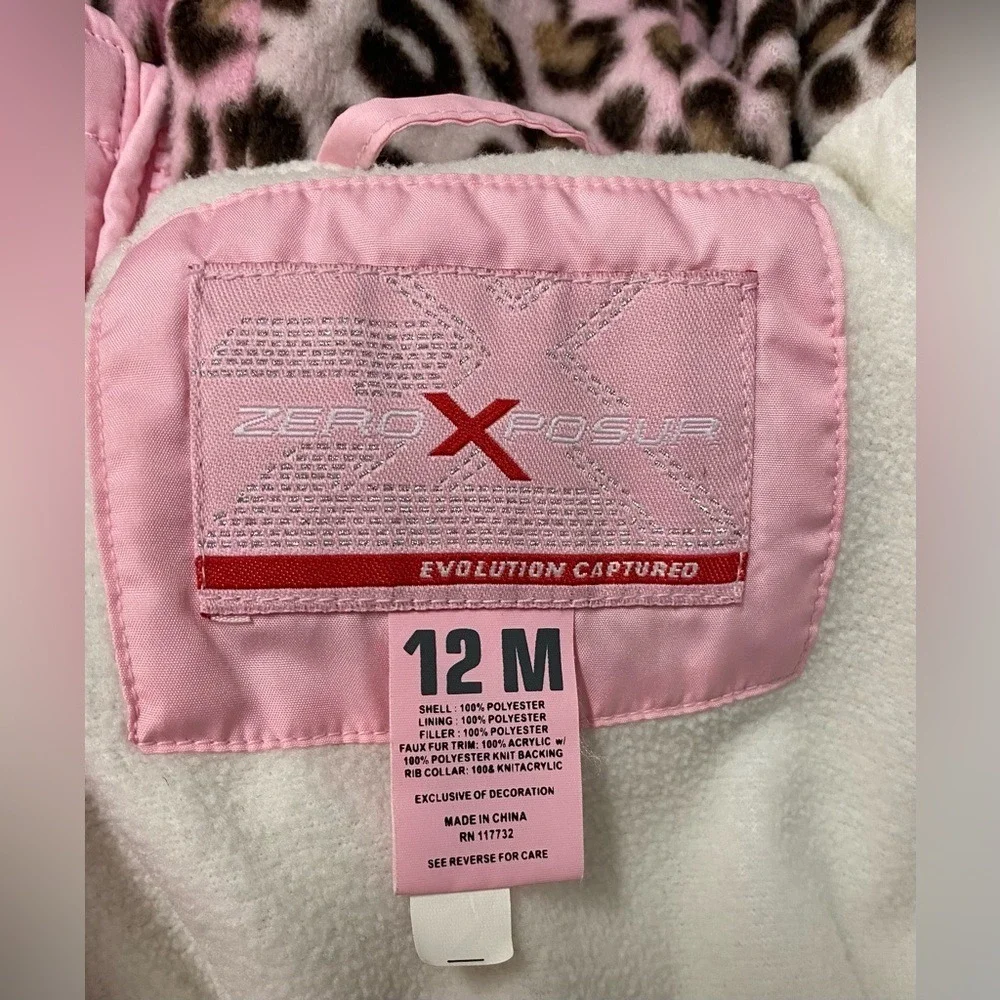 ZeroXposure Baby Girls Pink Puffer Jacket Snowsuit Hooded Leopard Lined‎ 12M