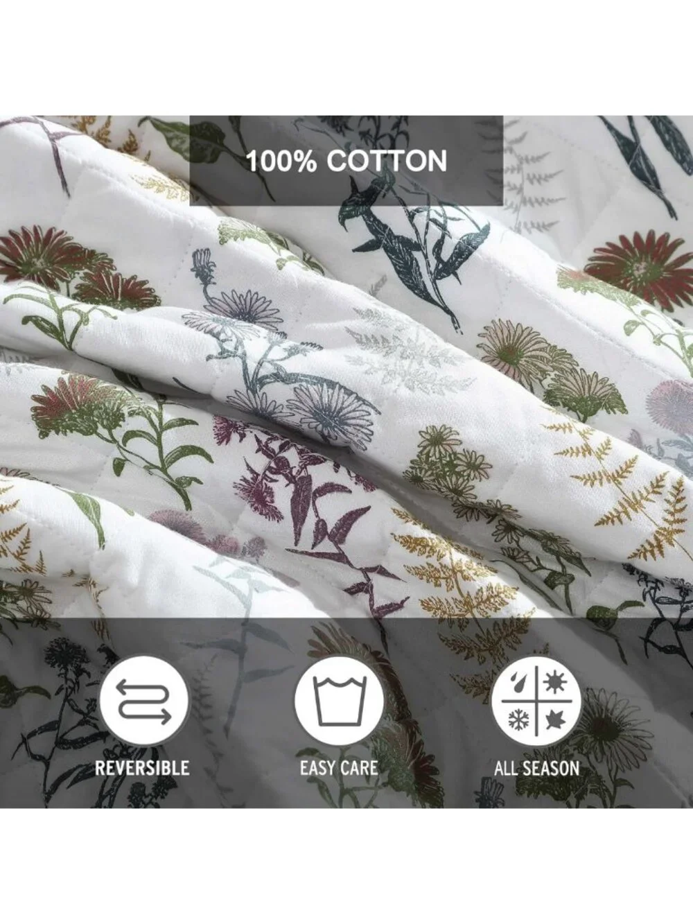 Reversible King Quilt Set - Cotton Bedding, Floral & Plaid Shams, Home Decor