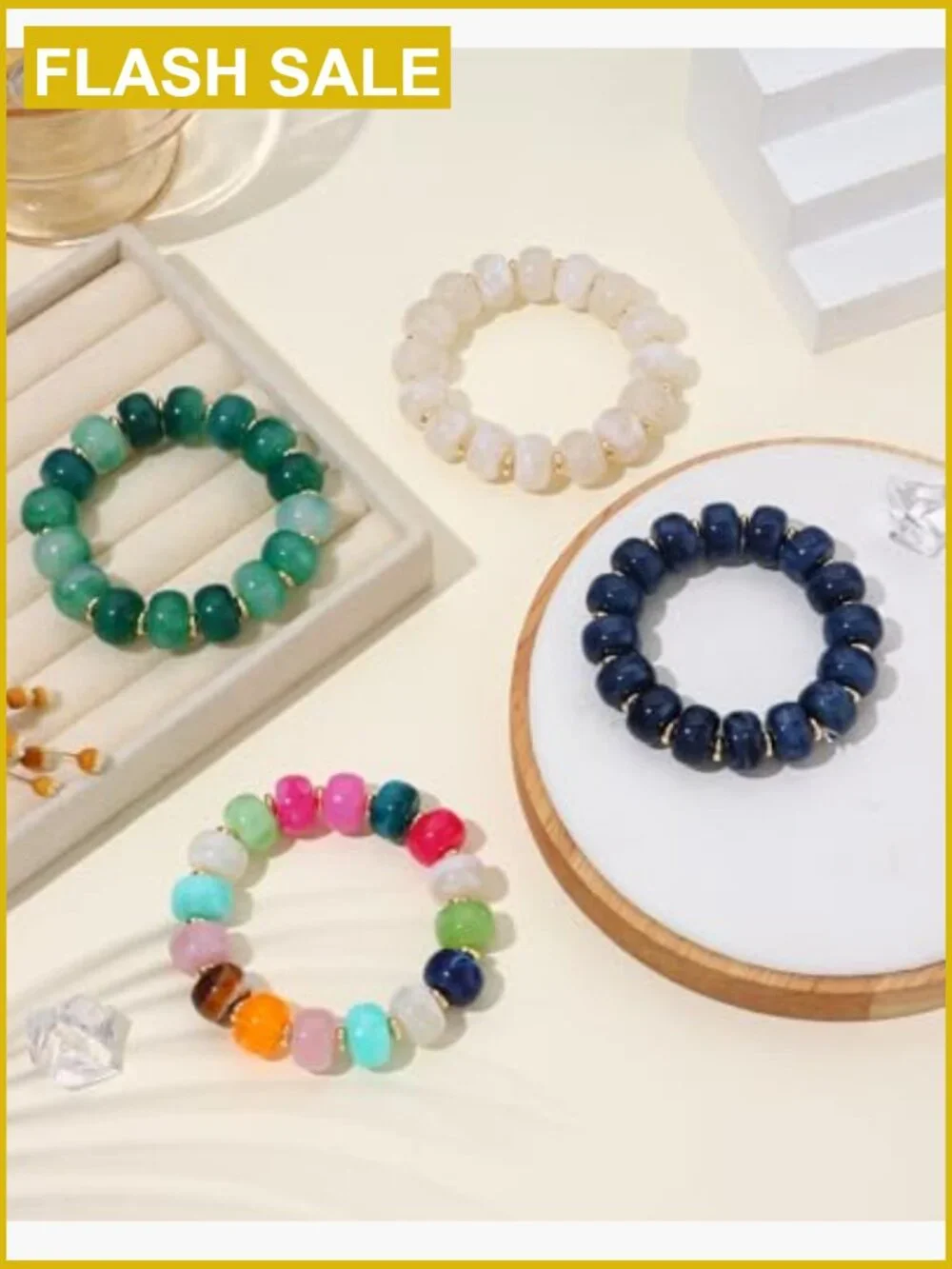 Chunky Beaded Bracelets for Women Set of 4 Boho Stretch