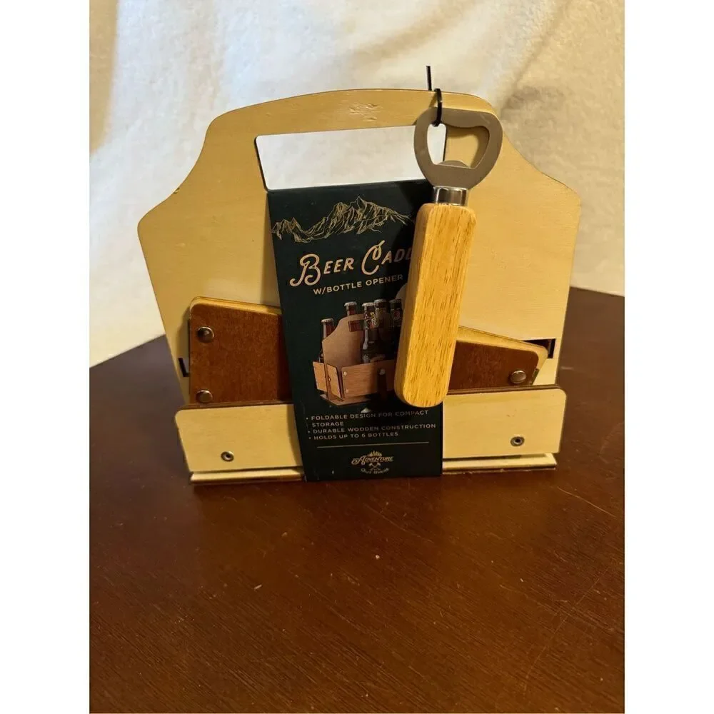 NWT wooden beverage caddy with opener