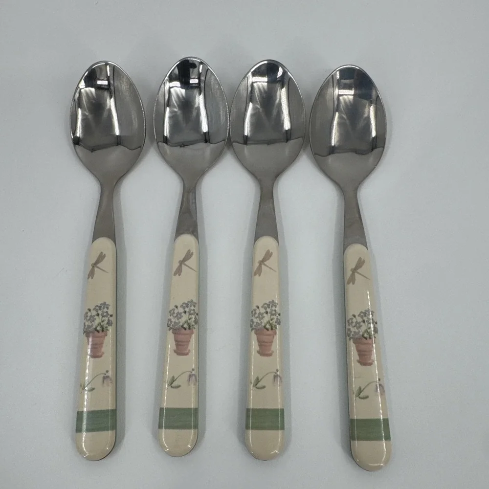 4 Pfaltzgraff Flower Garden Soup‎ Table Spoons Plastic/Stainless