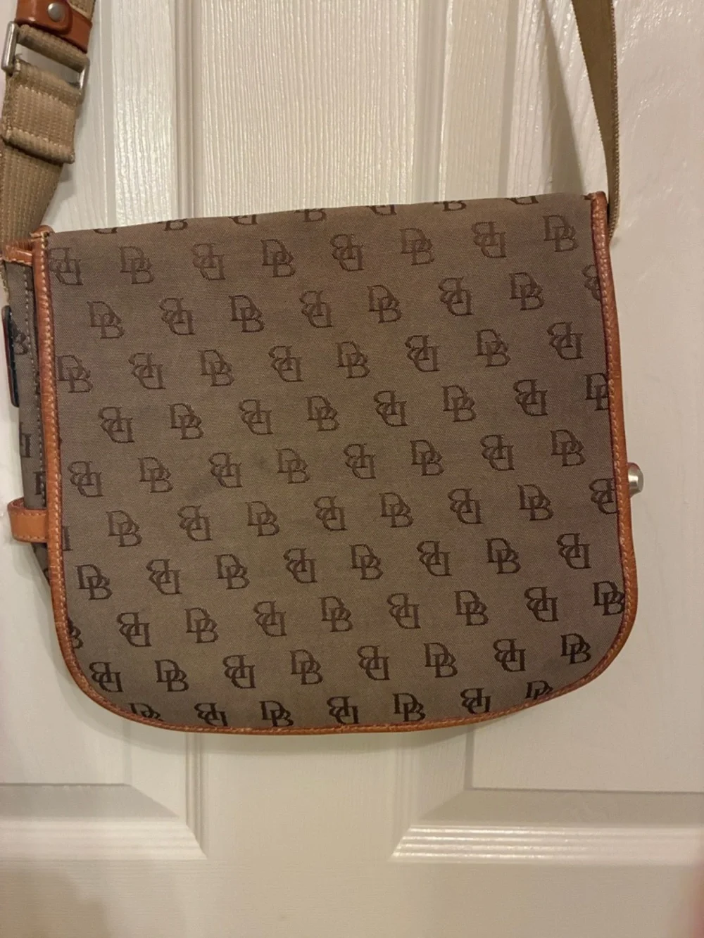 Dooney & Bourke Brown Monogram Canvas Messenger with Tan‎ Trim