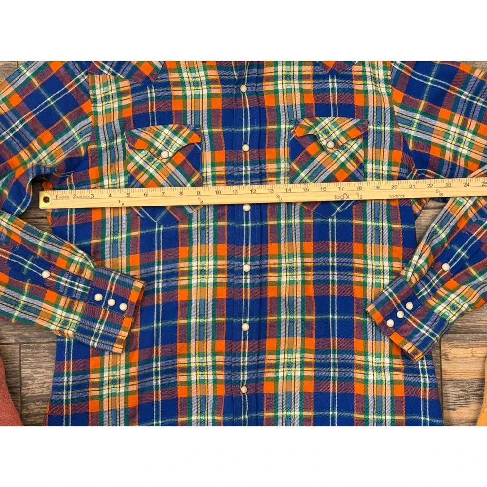 Polo Ralph Lauren‎ Mens Blue Orange Plaid Flannel Pearl Snap Western Shirt Large