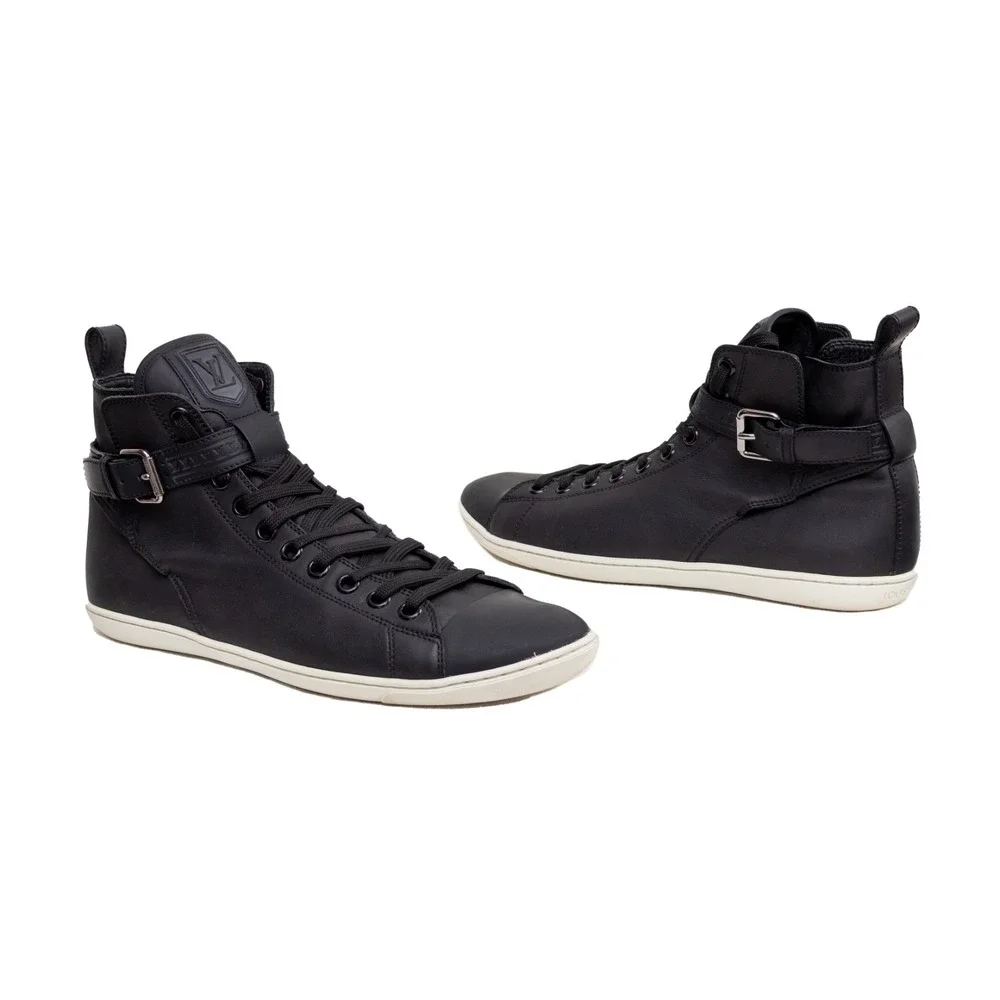 Louis Vuitton Falcon High Top Sneakers Black Leather LV Strap Trainers UK 8 US 9