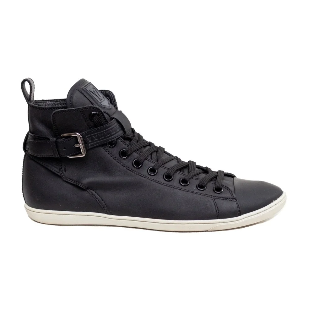 Louis Vuitton Falcon High Top Sneakers Black Leather LV Strap Trainers UK 8 US 9