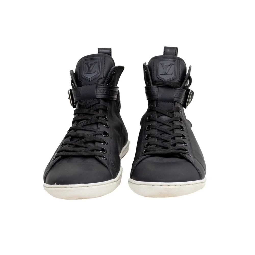 Louis Vuitton Falcon High Top Sneakers Black Leather LV Strap Trainers UK 8 US 9