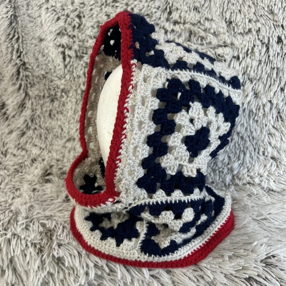 Crochet Balaclava Hood Handmade Granny Square Red White Blue USA Winter One Size