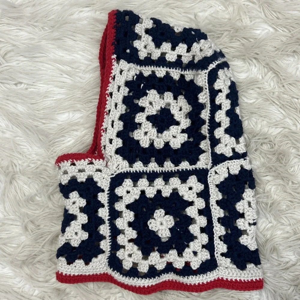 Crochet Balaclava Hood Handmade Granny Square Red White Blue USA Winter One Size