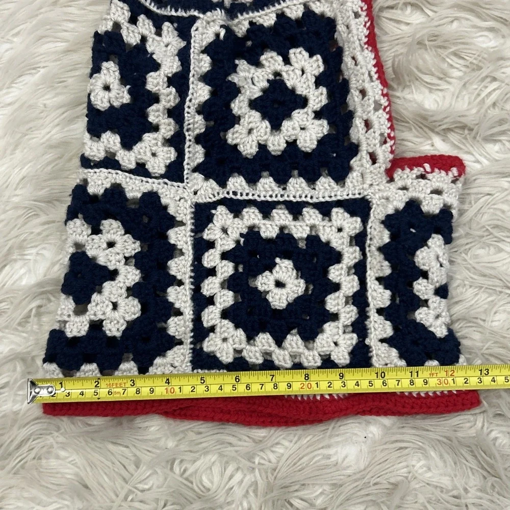 Crochet Balaclava Hood Handmade Granny Square Red White Blue USA Winter One Size